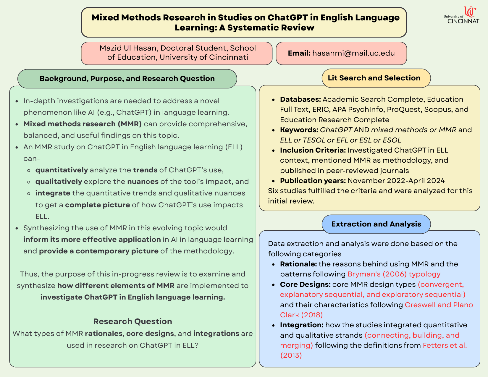 Handout page 1: background, research question, literature search, and analysis categories