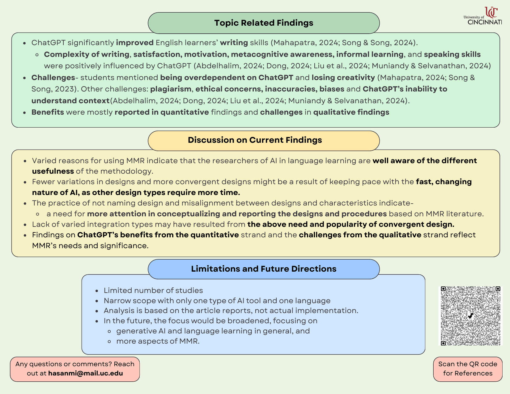 Handout page 3: topic-related findings, discussion, limitations, and future directions