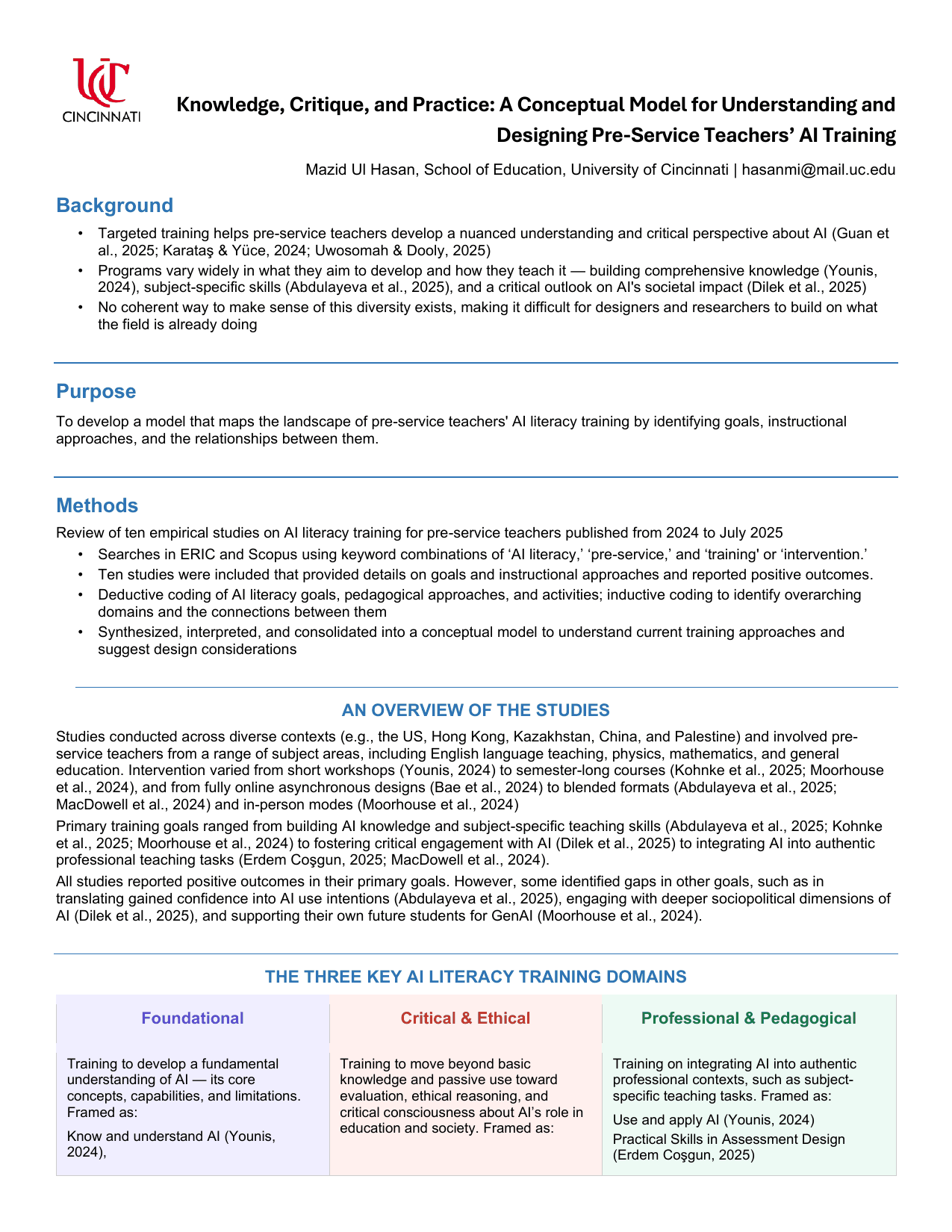 Handout page 1: background, purpose, methods, an overview of the ten studies, and the three training domains