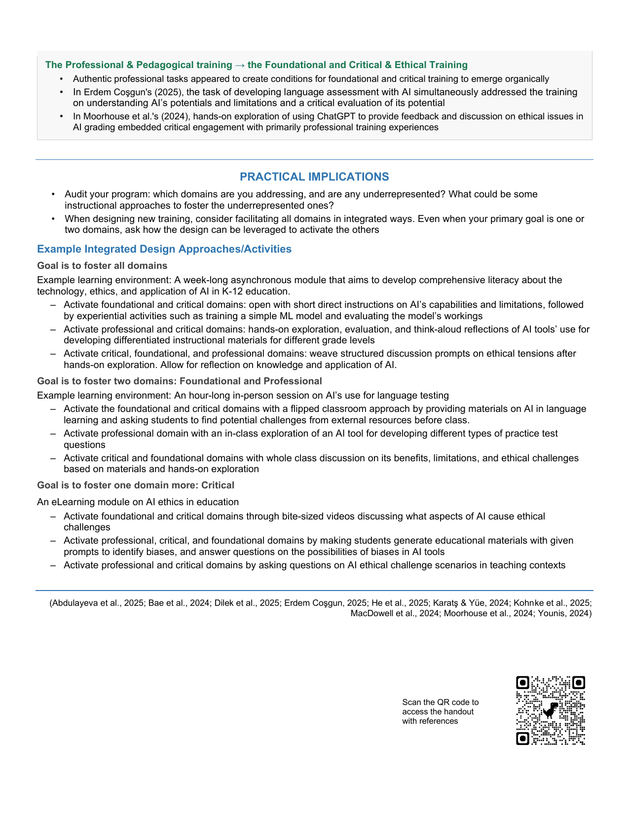 Handout page 3: practical implications and three example designs for different training goals