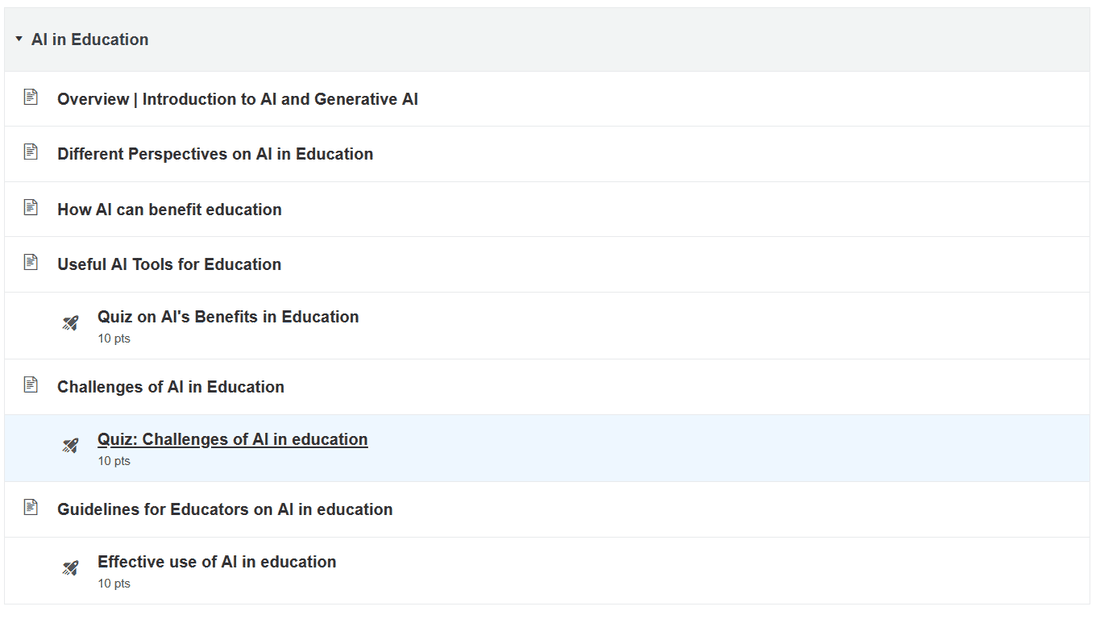 The AI in Education module in Canvas, listing its six pages and three quizzes