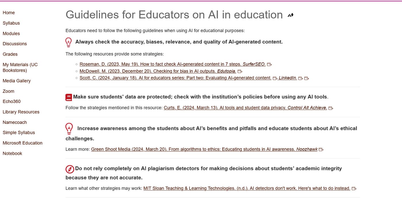Guidelines page with bold guidelines for educators, each followed by a linked resource