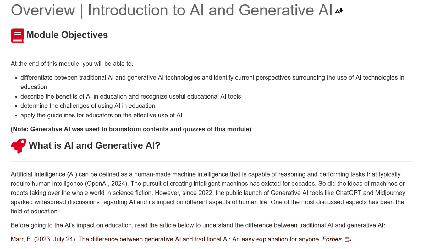 Overview page listing four module objectives and a note that generative AI helped brainstorm the content