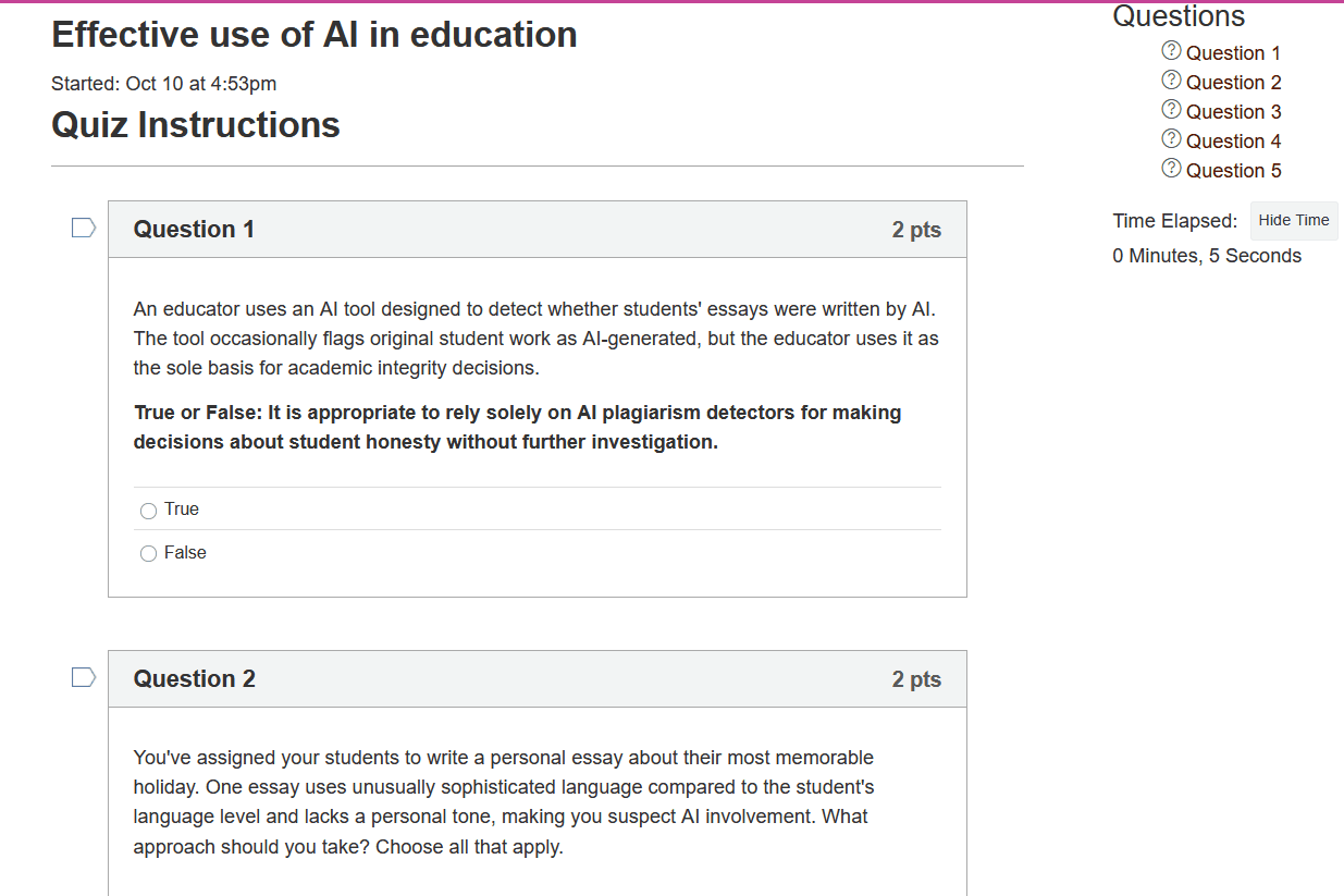 Quiz page with a true or false question about relying on AI plagiarism detectors