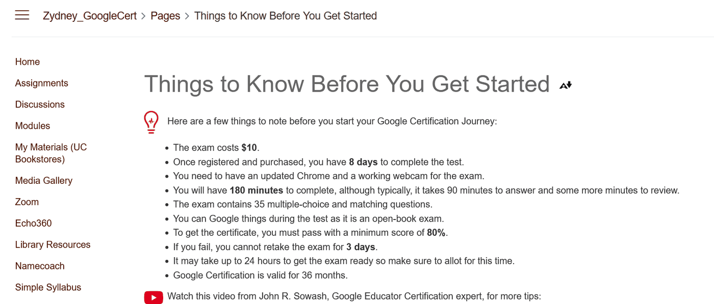 Module page listing exam facts such as cost, time limit, number of questions, and passing score