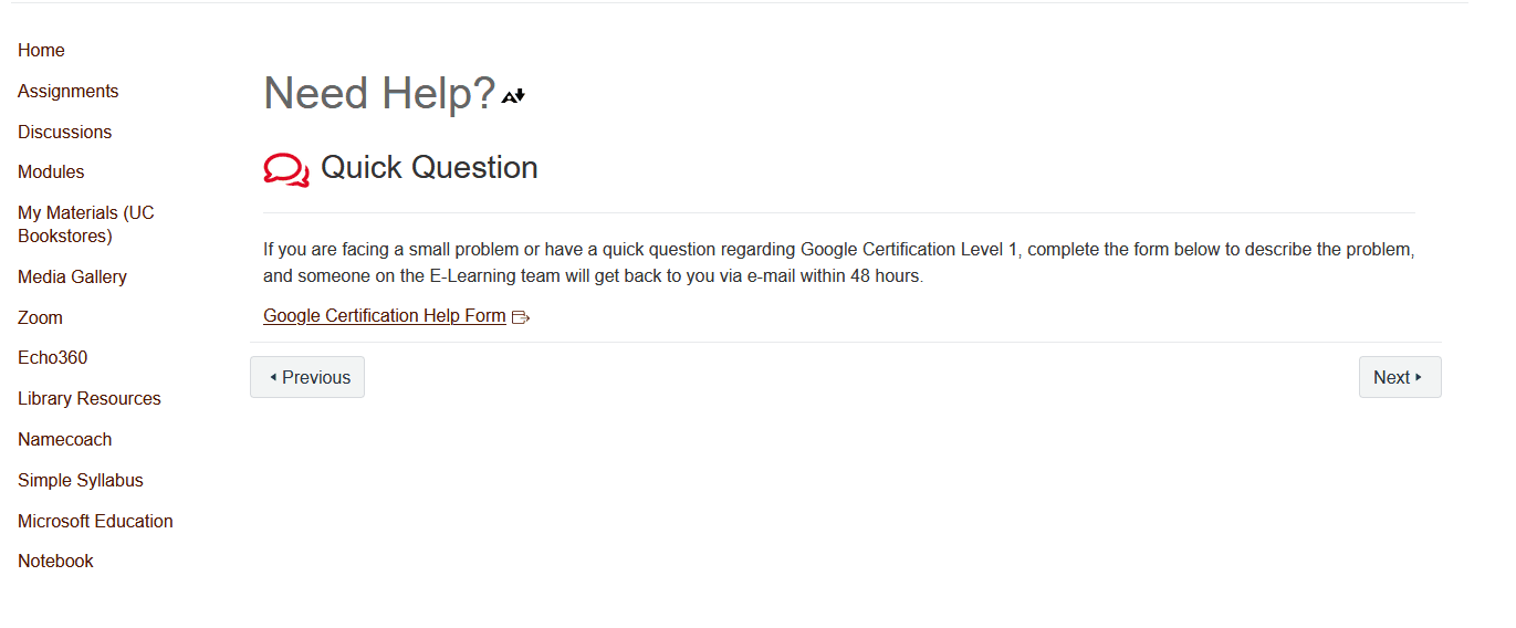Module page with a link to a help form and a promise of a reply within 48 hours