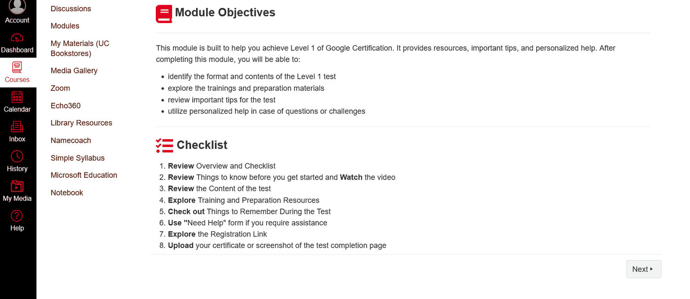 Module page listing four objectives and an eight-step checklist