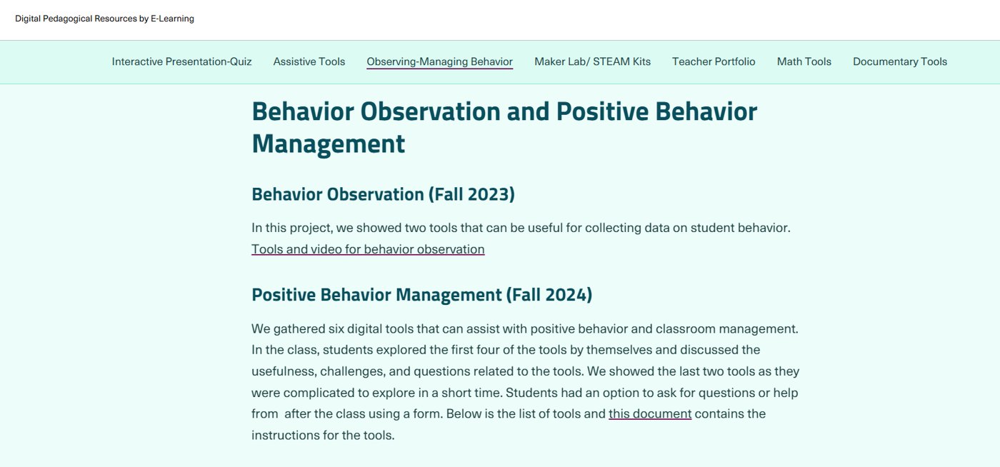 Behavior observation and positive behavior management page describing how students explored tools themselves and discussed their usefulness and challenges