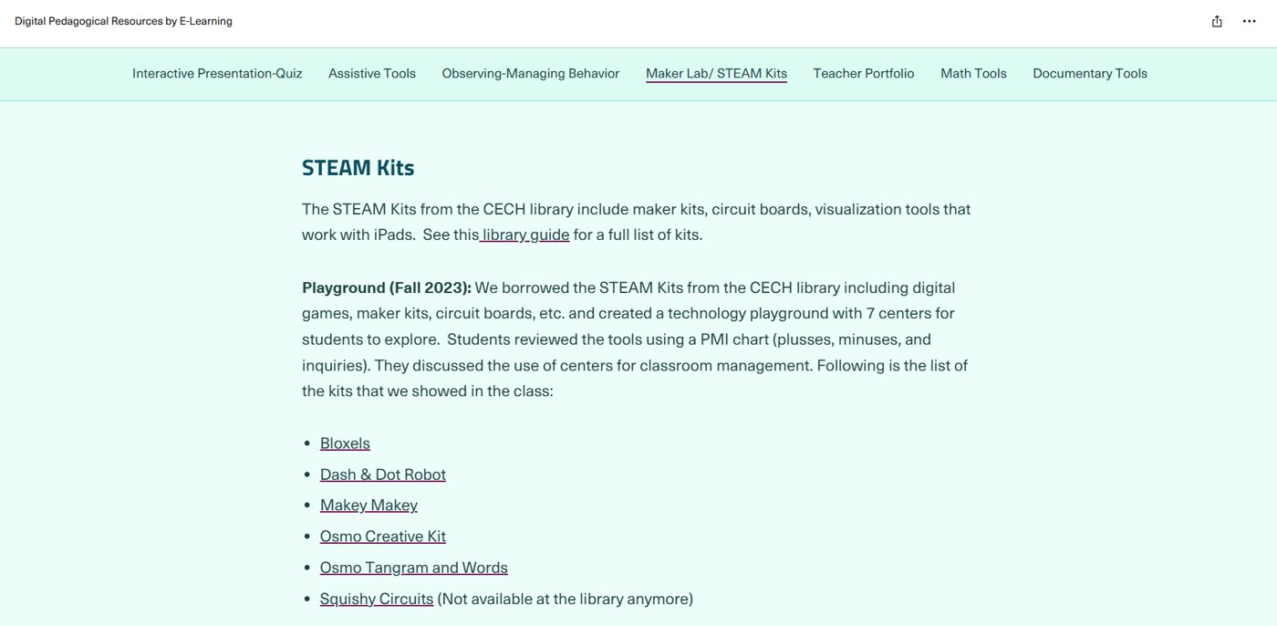 STEAM Kits page describing a seven-center technology playground where students reviewed kits with a plus, minus, and inquiry chart