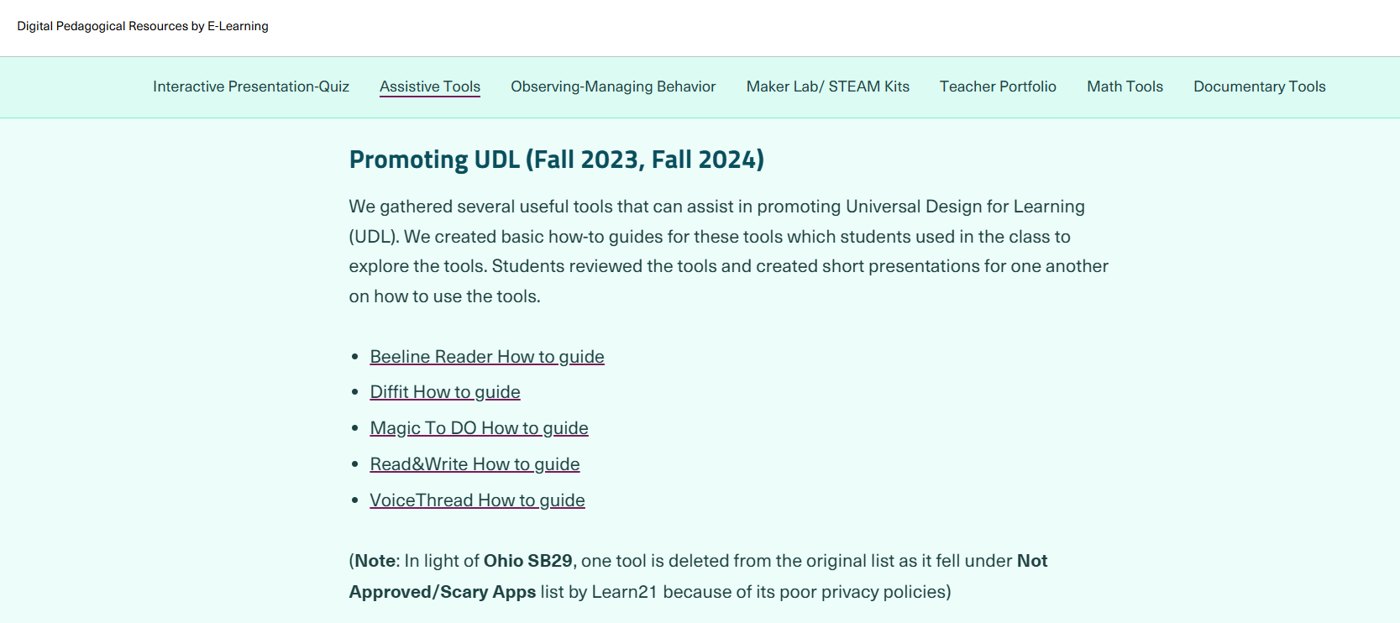 Promoting UDL page listing how-to guides for five tools and a note that one tool was removed under Ohio SB29 for poor privacy policies