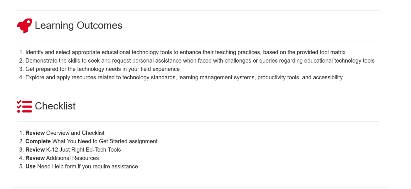 Module page listing four learning outcomes and a five-step checklist