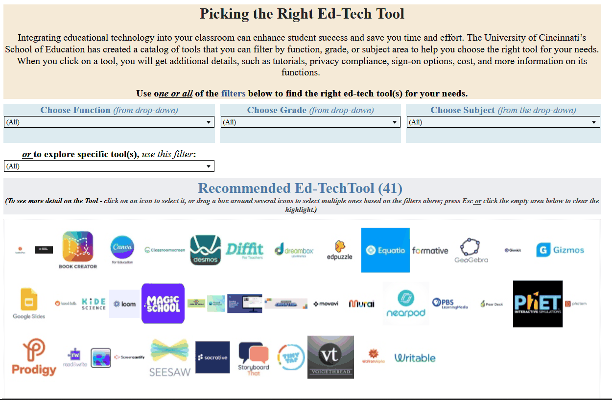 A public Tableau page titled Picking the Right Ed-Tech Tool, with filters for function, grade, and subject above 41 tool logos